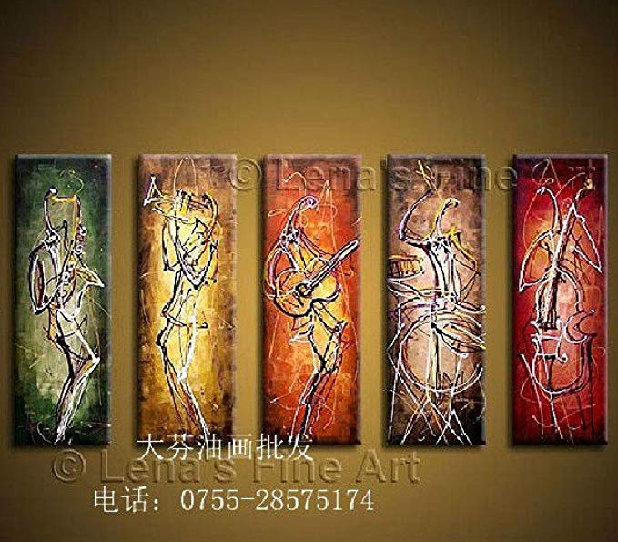 Arts World Hand-Painted Wall Art Abstract Play Musical Instruments Line Oil Painting On Canvas 5 Pcs Set Wood Framed F 785