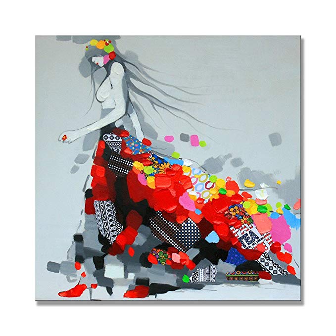 UAC WALL ARTS- 100% Hand Painted Colorful Dressing Girls Oil Painting Canvas Wall Art 32x32Inch