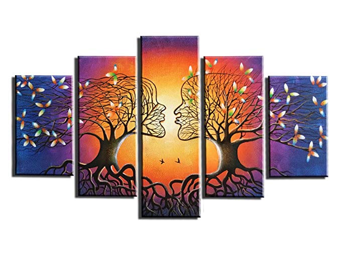 Sunding Art-Oil Painting Canvas 5 Hand-Drawn Abstract Paintings, First kiss, with Bedroom murals Art Works, Wall Decoration, Living Room Decoration, can be Suspended at Any time.