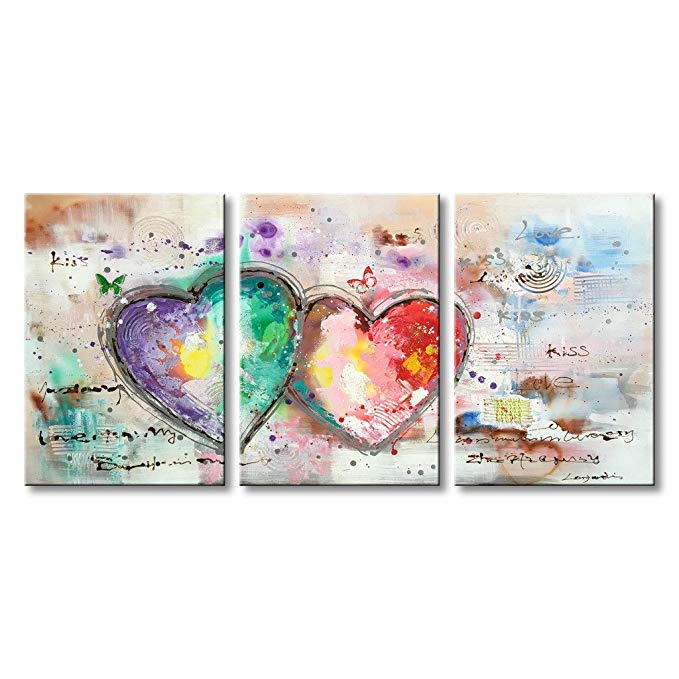 Abstract Oil Painting on Canvas Loves Heart Hand Painted Art Modern Texture 3 Panels Artwork Wall Decoration Framed Ready to Hang