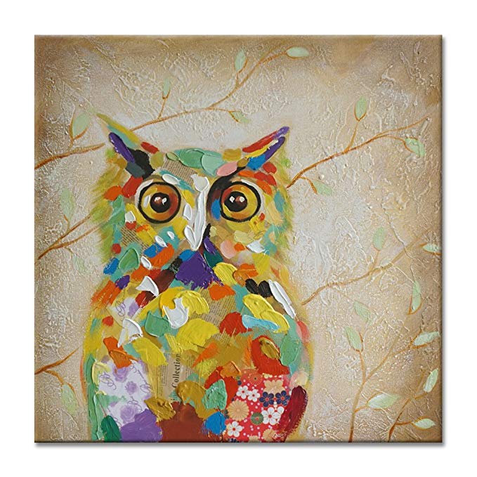 SEVEN WALL ARTS -100% Hand Painted Oil Painting Animal Colorful Owl Painting with Stretched Frame Wall Art for Home Decor Ready to Hang 32 x 32 Inch