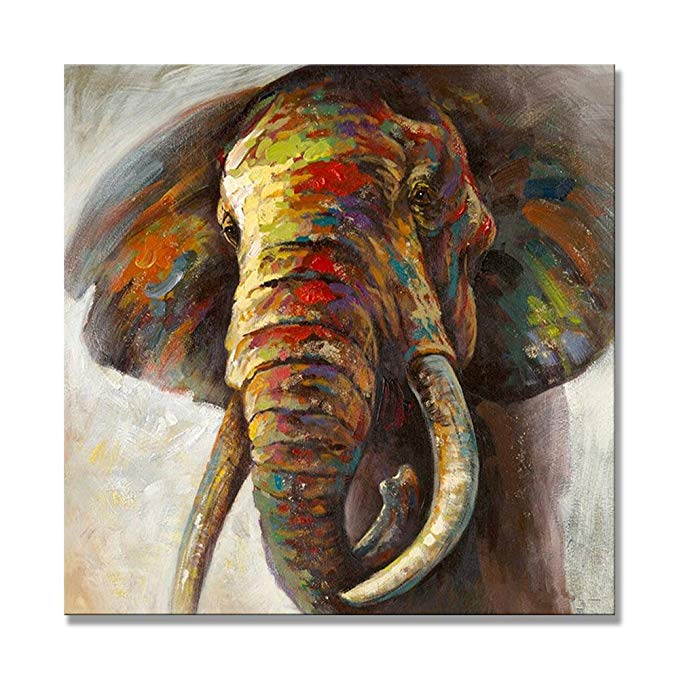 UAC WALL ARTS 100% Hand Painted Oil Painting Decorative Animal Artwork Cute Elephant Canvas Oil Painting for Home and Office Decoration Framed and Stretched Ready to Hang! 32x32Inch