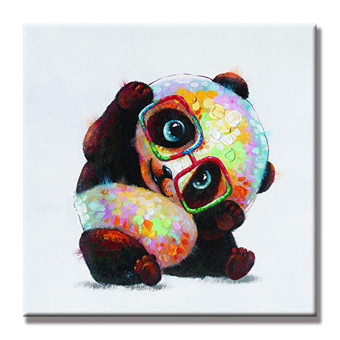 Crystal Emotion 100% Hand Painted Oil Painting Animal Cute Panda Wears Colorful Glasses with Stretched Frame 32x32inch