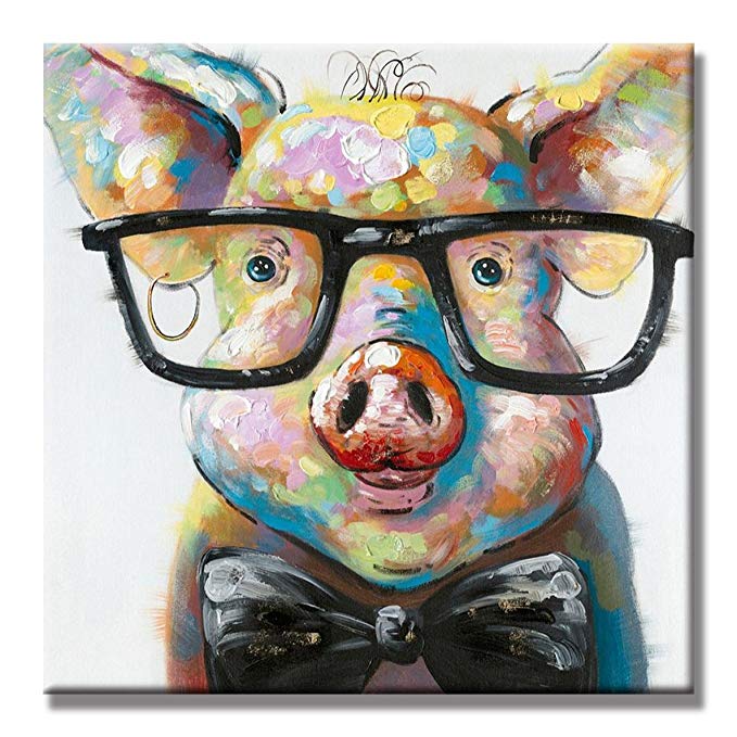 SEVEN WALL ARTS -100% Hand Painted Oil Painting Cute Colorful Animal Painting Smart Potter Pig Decorative Artwork for Home Decor Ready to Hang 32 x 32 inch