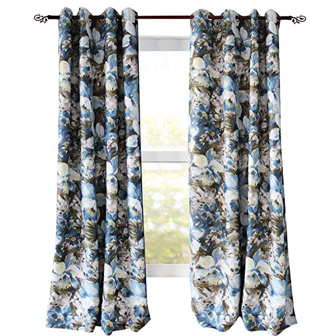 Anady Top Blue Flowers Blackout Curtains Oil Painting Living Room Drapes Grommet Top 96 inch Long