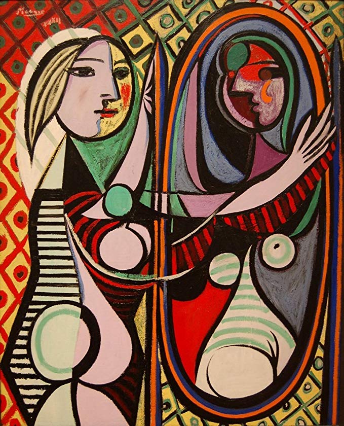 Colorful Stream-Girl Before a Mirror by Pablo Picasso.100% Hand Painted.Oil On Canvas.Museum Quality Reproduction. (Unframed and Unstretched). 24x31 IN.