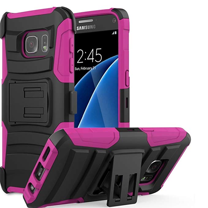 Samsung Galaxy S7 SM-G930 Tactical Armor Work Case Heavy Duty Shock Impact Protection Dual Layers with built-in Kickstand and Belt Clip Holster [SlickGearsTM] (Pink)