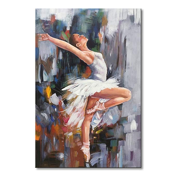 EVERFUN ART Canvas Wall Art Girl Dancer Hand Painted Oil Painting Modern Ballet Dancing Abstract White Skirt Artwork Decor Framed Home For Living Room Stretched