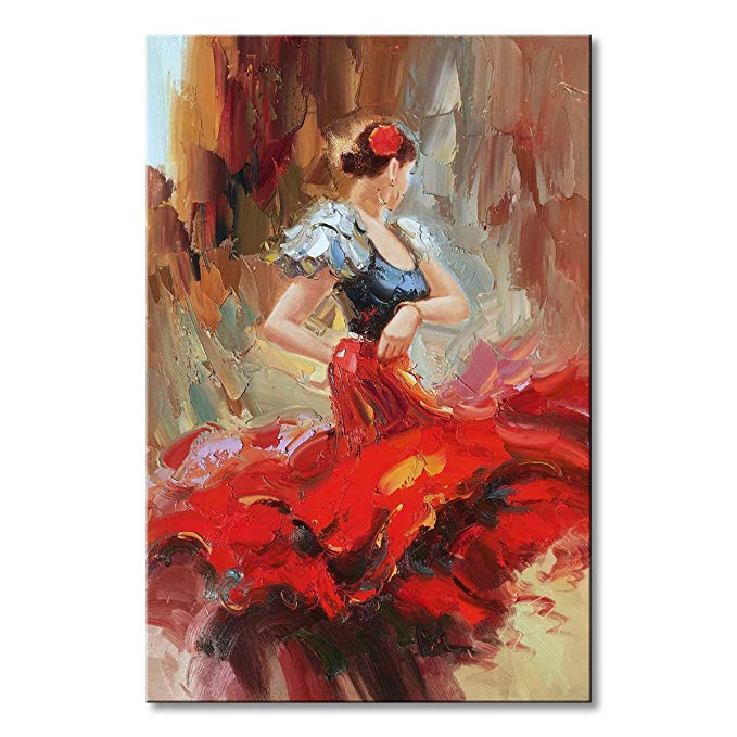 Hand Painted Spanish Flamenco Dancer Oil Painting On Canvas with Red Skirt Impression Sexy Woman Abstract Wall Art