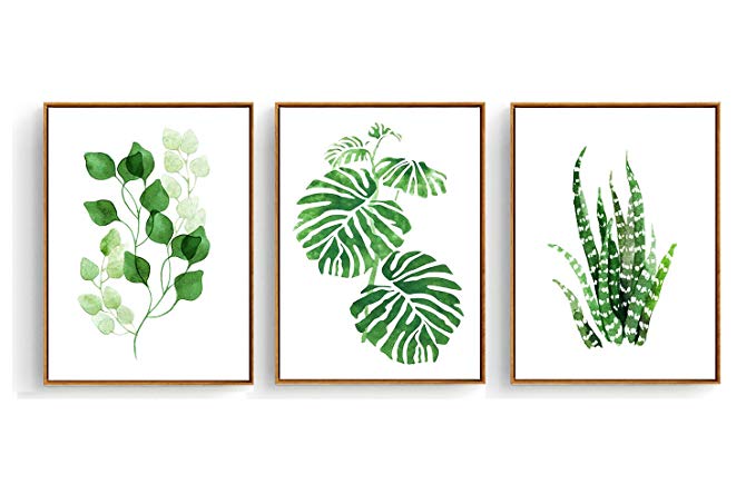 Hepix Canvas Wall Art 3 Pieces Tropical Green Leaves Painting for Modern Home Decor Stretched and Framed Ready to Hang 13 x 17 inch