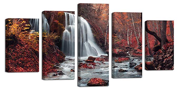 Ardemy Canvas Art Paintings Maple Forest Waterfall Landscape Large Size Set of 5 Wrapped and Framed Artwork Prints for Living Room Bedroom Office Hotel Wall Decoration