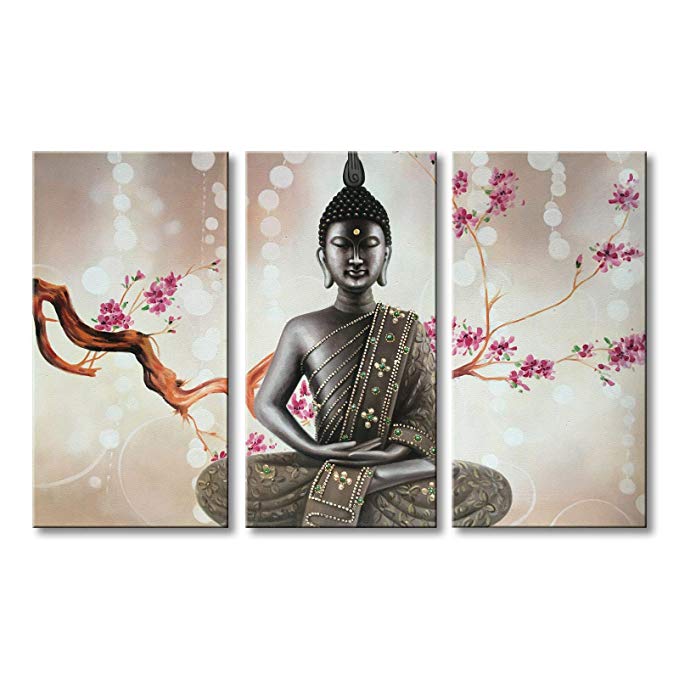 Winpeak Pure Handmade Framed Canvas Art Buddha Oil Paintings on Canvas 3 paenl Wall Decor Picture Artwork Hanging for Living Room Stretched Ready to Hang (36