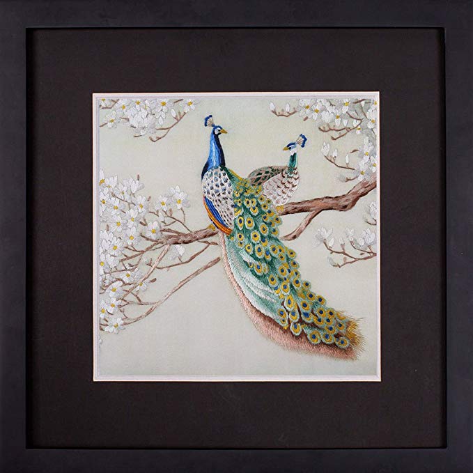 SILK ART Pure Handmade Embroidery Modern Artwork Hanging Wall Decoration Handcraft Ornamental Art Painting New Home Wedding Anniversary Gifts Colorful Peacock framed SKQ004A