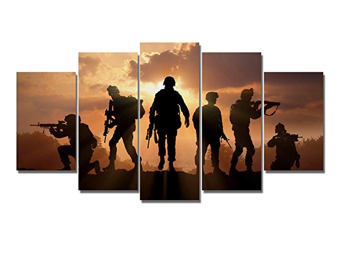 5 Panels Modern Home Office Wall Art Decor Canvas Prints Six Military Soldier Silhouettes Photos Poster Prints Painting on Canvas (30cm(Framed))