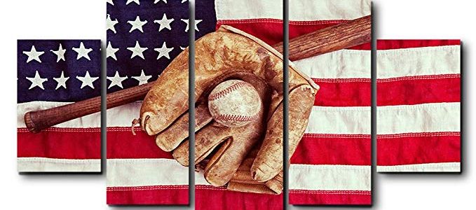 Antique USA Flag with Baseball Wall Decor Canvas Oil Painting Retro Rustic American National Flag Wall Art for Home Living Room Bedroom Kitchen Decoration-5 Pieces Ready to Hang Review