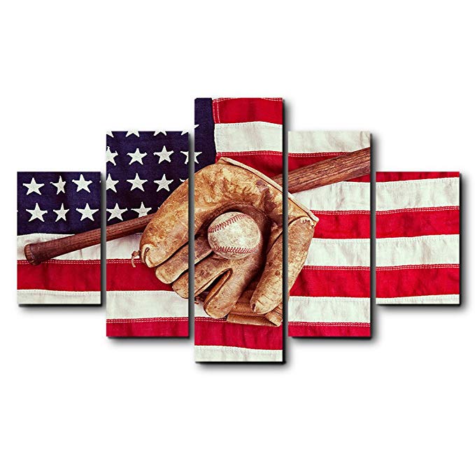 Antique USA Flag with Baseball Wall Decor Canvas Oil Painting Retro Rustic American National Flag Wall Art for Home Living Room Bedroom Kitchen Decoration-5 Pieces Ready to Hang