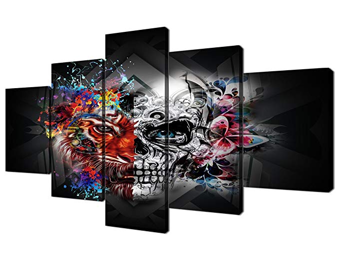 Yatsen Bridge Black and White 5 Pieces Canvas Wall Art Skull Colorful Flower Painting for Living room Bedroom Picture Modern Home Decor Stretched and Framed Ready to Hang(60''W x 32''H)