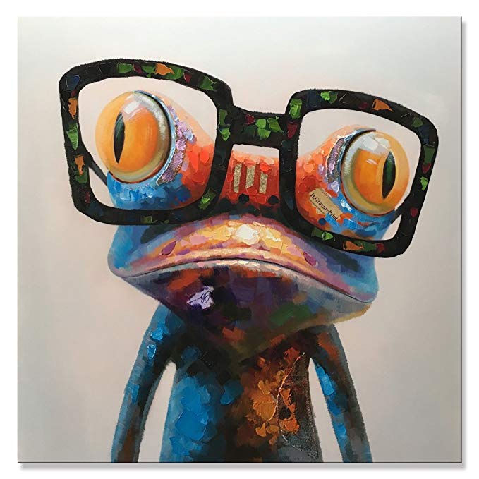 Yihui Oil Painting Hand Painted on Canvas Cute Frog Oil Painting Wall Art with Glasses Pictures for Decoration(30x30 Inch, Happy Frog)