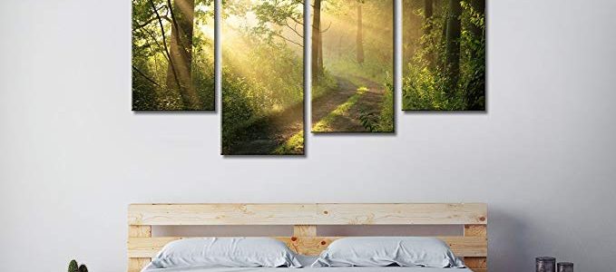 4 Pieces Modern Canvas Painting Wall Art Home Decoration Dirt Road Deciduous Forest Green Trees Foggy Morning Spring Landscape (WOOD FRAMED) Review