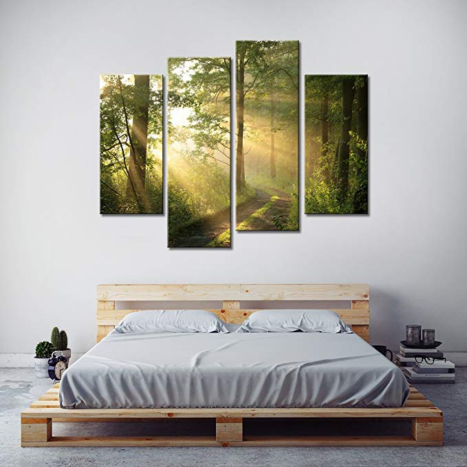 4 Pieces Modern Canvas Painting Wall Art Home Decoration Dirt Road Deciduous Forest Green Trees Foggy Morning Spring Landscape (WOOD FRAMED)