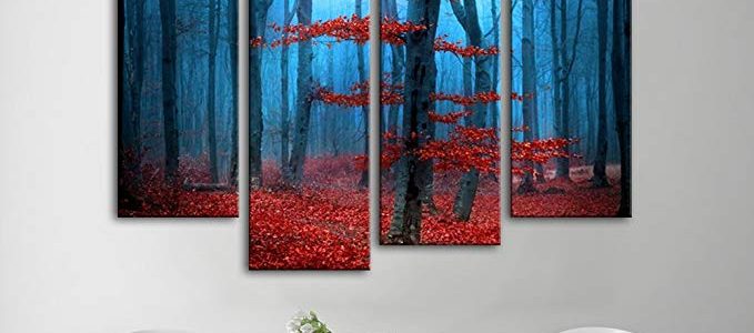 BLIN ART Giant Large Size XXXL Early Morning Blue Fog Red Maple Forest Leaf Covered with Beautiful Land of the Dreamlike Charming Scenery 4 Panel Ready to hang75″×51.2″ Full Size Review