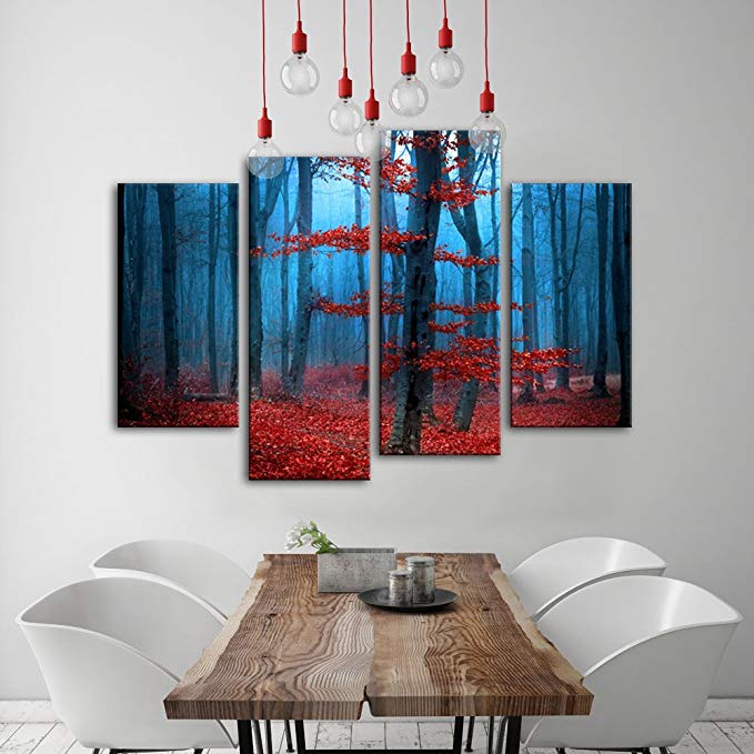 BLIN ART Giant Large Size XXXL Early Morning Blue Fog Red Maple Forest Leaf Covered with Beautiful Land of the Dreamlike Charming Scenery 4 Panel Ready to hang75