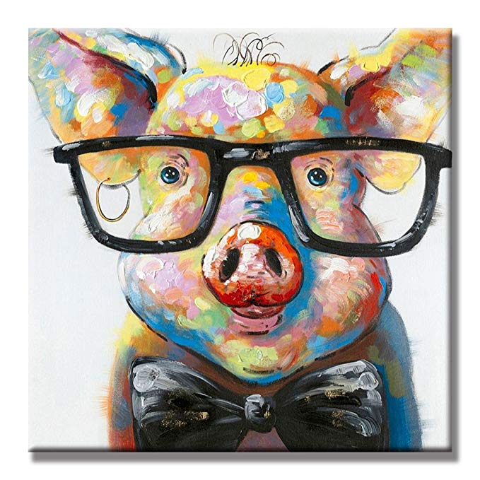 Beatifully Qearl 100% Hand Painted Oil Painting Animal Smart Pig with Stretched Frame Wall Art for Home Decor Ready to Hang (32x32 Inch)