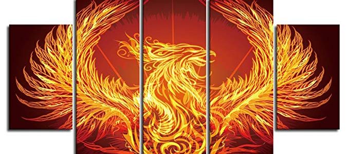 Fire Phoenix Canvas Living Room Decorative Burning Phoenix Picture 5 Piece Wall Paintings Red Background Phoenix Painting Chinese Myth Shiny Glitter the Birds Framed and Stretched(60”Wx40”H) Review