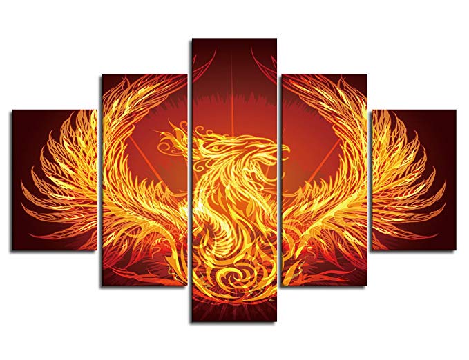 Fire Phoenix Canvas Living Room Decorative Burning Phoenix Picture 5 Piece Wall Paintings Red Background Phoenix Painting Chinese Myth Shiny Glitter the Birds Framed and Stretched(60''Wx40''H)