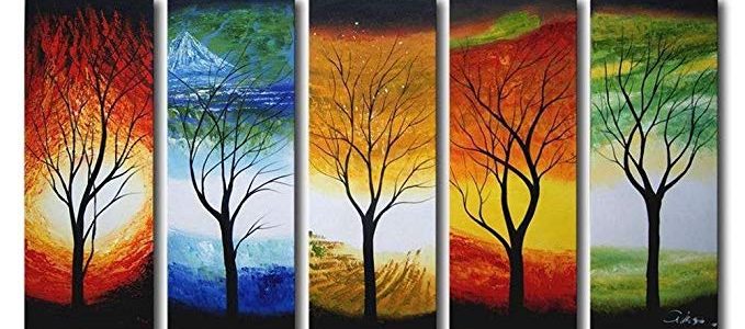 Living Room Wall Art 5 Pieces 100% Hand Painted Framed Colorful Season Tree of Life Oil Painting Modern Large Artwork Set for Home Bedroom Office Decor 32x60inch Review