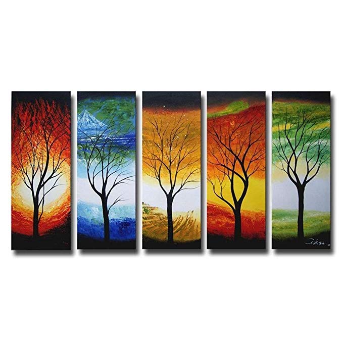 Living Room Wall Art 5 Pieces 100% Hand Painted Framed Colorful Season Tree of Life Oil Painting Modern Large Artwork Set for Home Bedroom Office Decor 32x60inch