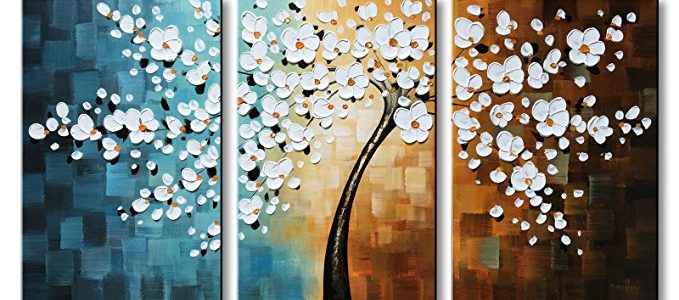 Winpeak Hand-painted White Flower Oil Painting Modern Floral Canvas Wall Art Abstract Plum Blossom Artwork Stretched and Framed Ready To Hang Review