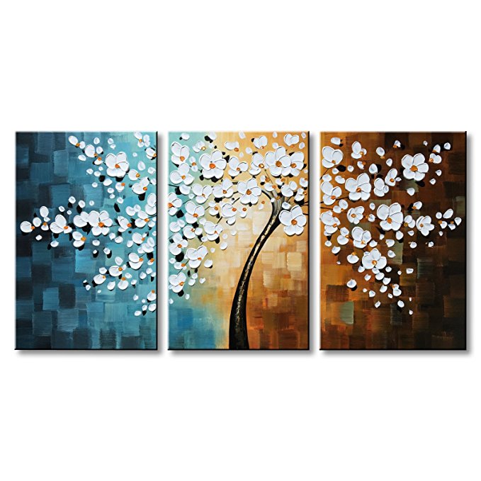 Winpeak Hand-painted White Flower Oil Painting Modern Floral Canvas Wall Art Abstract Plum Blossom Artwork Stretched and Framed Ready To Hang