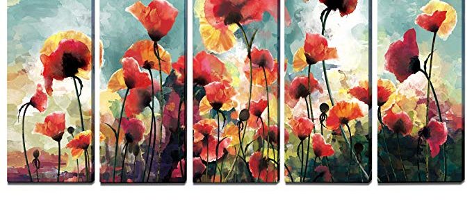 3Hdeko-5 Panels Floral Paintings Contemporary Artwork Cubism- Blooming Poppies Hand Embellished Hand Touch Canvas Prints,Ready to Hang (12 x 30inch x 5pcs) Review