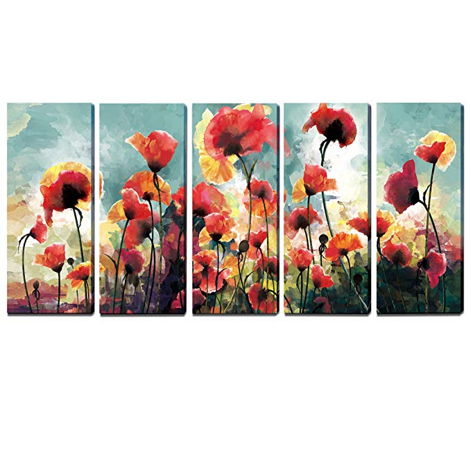 3Hdeko-5 Panels Floral Paintings Contemporary Artwork Cubism- Blooming Poppies Hand Embellished Hand Touch Canvas Prints,Ready to Hang (12 x 30inch x 5pcs)