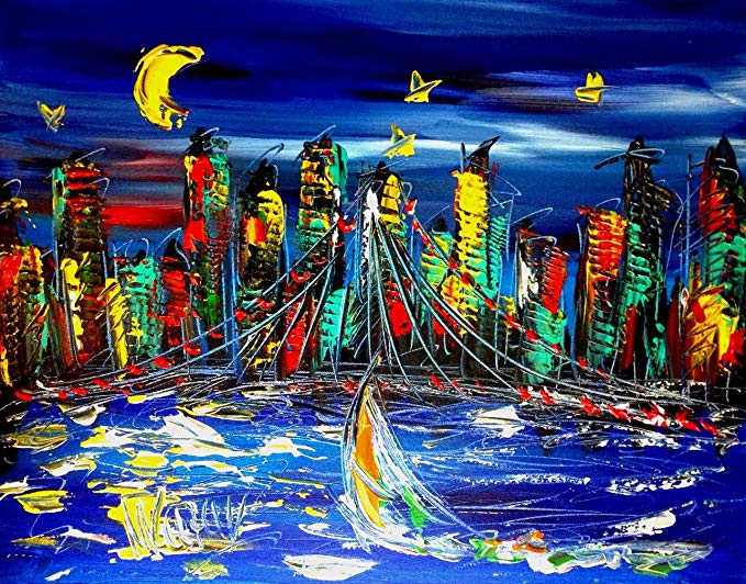 Abstract Cityscape New York Painting Original Heavy Texture Impasto Palette Knife Acrylic Wall Décor