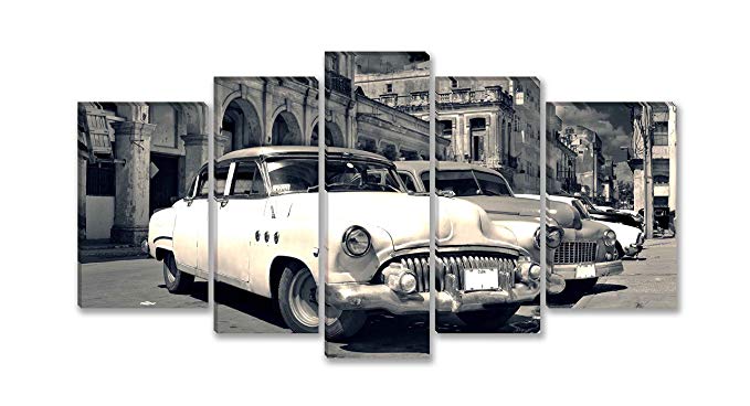 SmartWallArt - Traffic Tools Series Wall Art Framed 5 Panels painting Panoramic View of Colorful Vintage Classic Cars Parked in Street of Old Havana, Cuba Picture For Modern Home Decoration