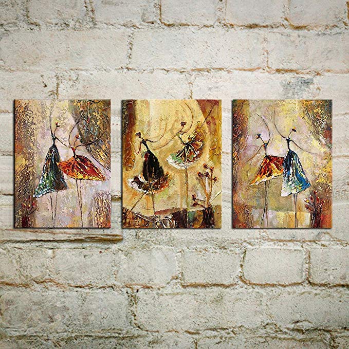 Grepova Art - Contemporary Abstract Artwork Ballet Dancers 3 Panels 100% Hand Painted Oil paintings on Canvas Wall Art for Home and Office Decorations, Framed,Stretched and Ready to Hang