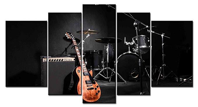 SmartWallArt - Music Series 5 piece Wall Artwork the Music of the Band Guitar and Shelf Drum Pictures Modern Home Decor for Living Room Bedroom