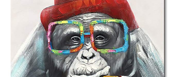 EVERFUN ART Everfun Framed Canvas Wall Art Gorilla Monkey In a Red Hat Handmade Animal Oil Painting Abstract Home Decor for Bedroom Ready to Hang 32×32 Review