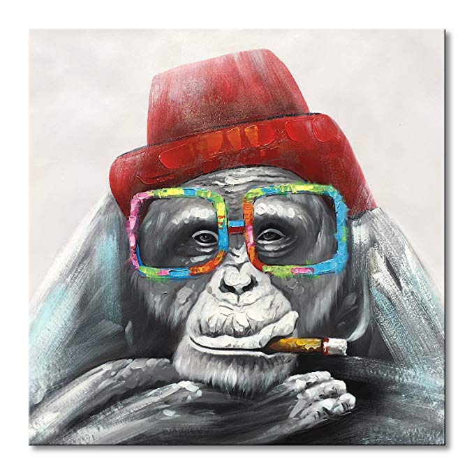 EVERFUN ART Everfun Framed Canvas Wall Art Gorilla Monkey In a Red Hat Handmade Animal Oil Painting Abstract Home Decor for Bedroom Ready to Hang 32x32