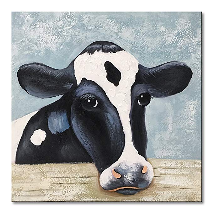 UAC WALL ARTS Hand Painted Oil Painting Animal Funny Artwork Modern Cow Oil Paintings for Home Decor Gift for Father's Day