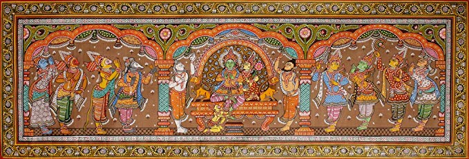 Coronation of Lord Rama - Paata Painting on Tussar Silk Fabric - Folk Art from the Temple Town of Pu