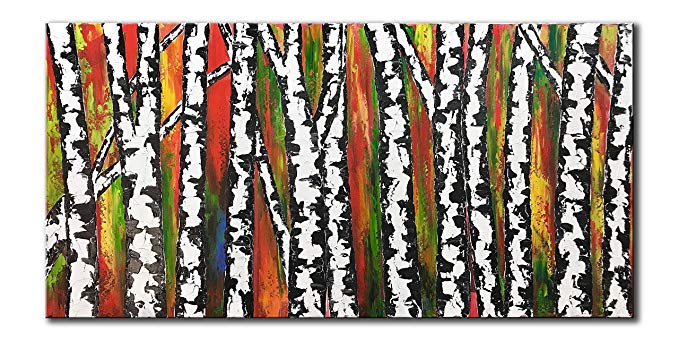 Diathou 20x40Inch 100% Hand-Painted Abstract Oil Painting of Birch Forest Landscape Living Room Bedroom Corridor Office Modern Home Decor