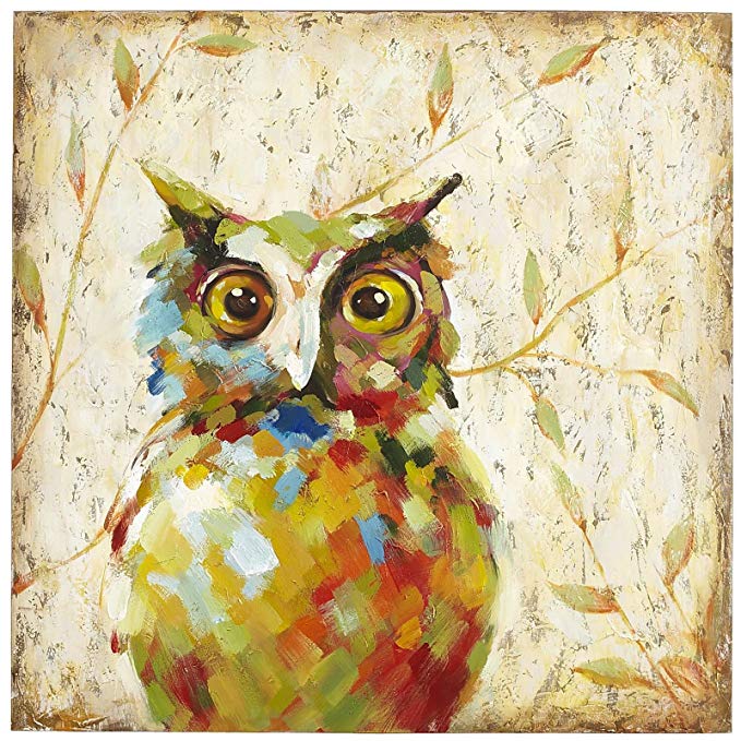 UAC WALL ARTS 100% Hand Painted Animal Oil Painting Colorful Owl Canvas Art with Stretched Frame on Canvas Wall Art for Home Decor Ready to Hang 32x32Inch,Quirky Owl Art