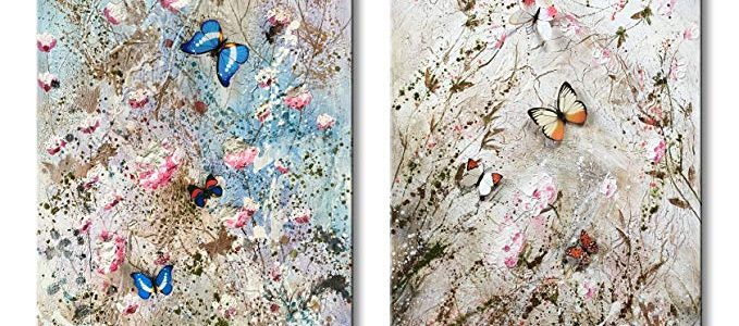 Everfun Hand Painted Abstract Canvas Art Wall 2 Panels Landscape Oil Painting Modern Butterfly Artwork Floral Colorful Pictures Decor for Living Room Framed and Stretched Review