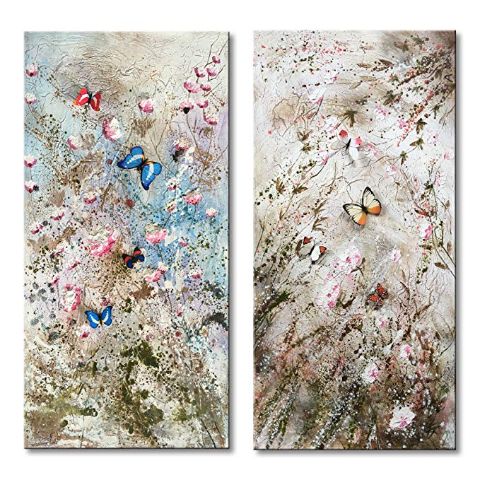 Everfun Hand Painted Abstract Canvas Art Wall 2 Panels Landscape Oil Painting Modern Butterfly Artwork Floral Colorful Pictures Decor for Living Room Framed and Stretched