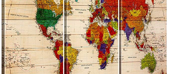 Pixel power color world map artwork canvas wall art xlarge 3 panel premium vintage map of the world posters painting abstract pictures prints global maps with countries names for home decor office Review