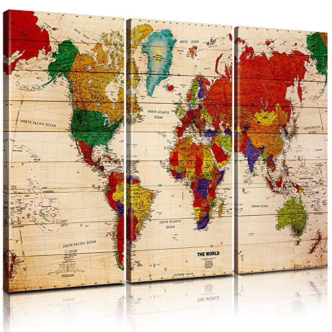 Pixel power color world map artwork canvas wall art xlarge 3 panel premium vintage map of the world posters painting abstract pictures prints global maps with countries names for home decor office