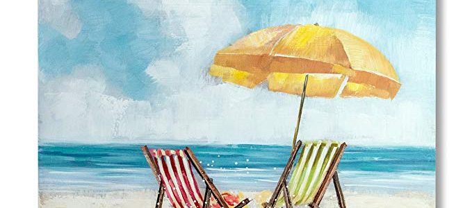 In Liu Of | Modern Oil Painting on Canvas “Treasured Views” (Beach Chairs and Umbrella) Stylized Fine Acrylic, Nature Wall Art | Contemporary Romantic Design | Easy-to-Hand Wood Frame | 32″ x 32″ Review